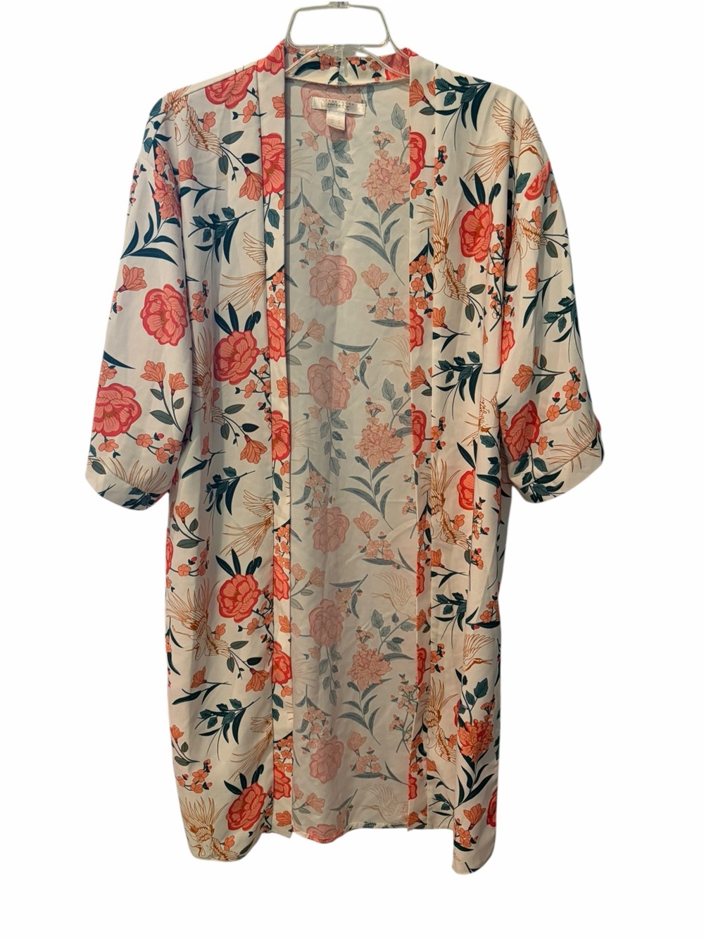 Streetwear Society Floral Bird Print Open Front Kimono Cardigan Size M